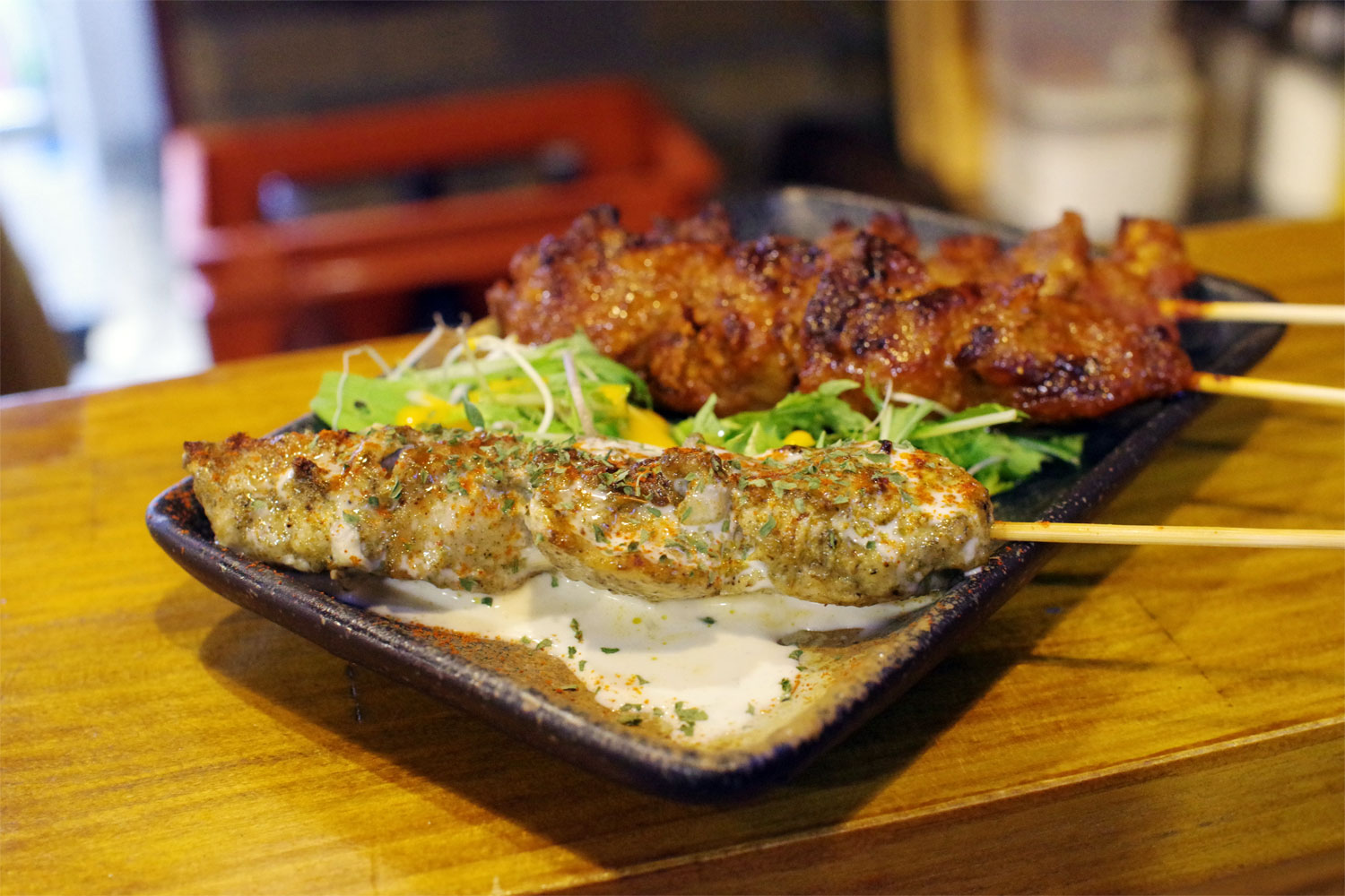 スパイス串焼き三種盛り(鶏スパイス、ハート、ラム)