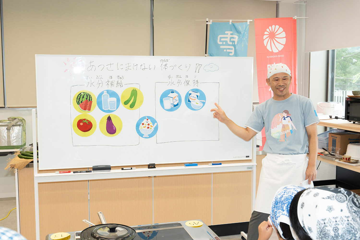 かき氷は水分補給、ヨーグルトは水分保持、では「ヨーグルトかき氷はどっち？」という質問に、参加する子どもたちが「あ、両方だ！！」と元気に答えていました。