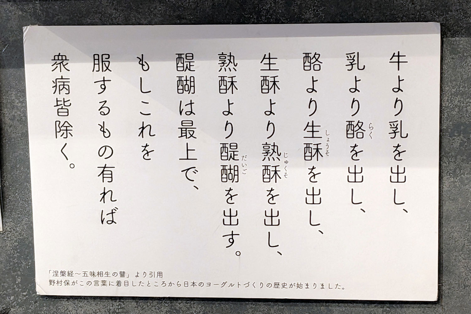 店名の「醍醐」は野村保氏が着目し、ヨーグルト作りを志した「涅槃経」の言葉に由来するそうだ